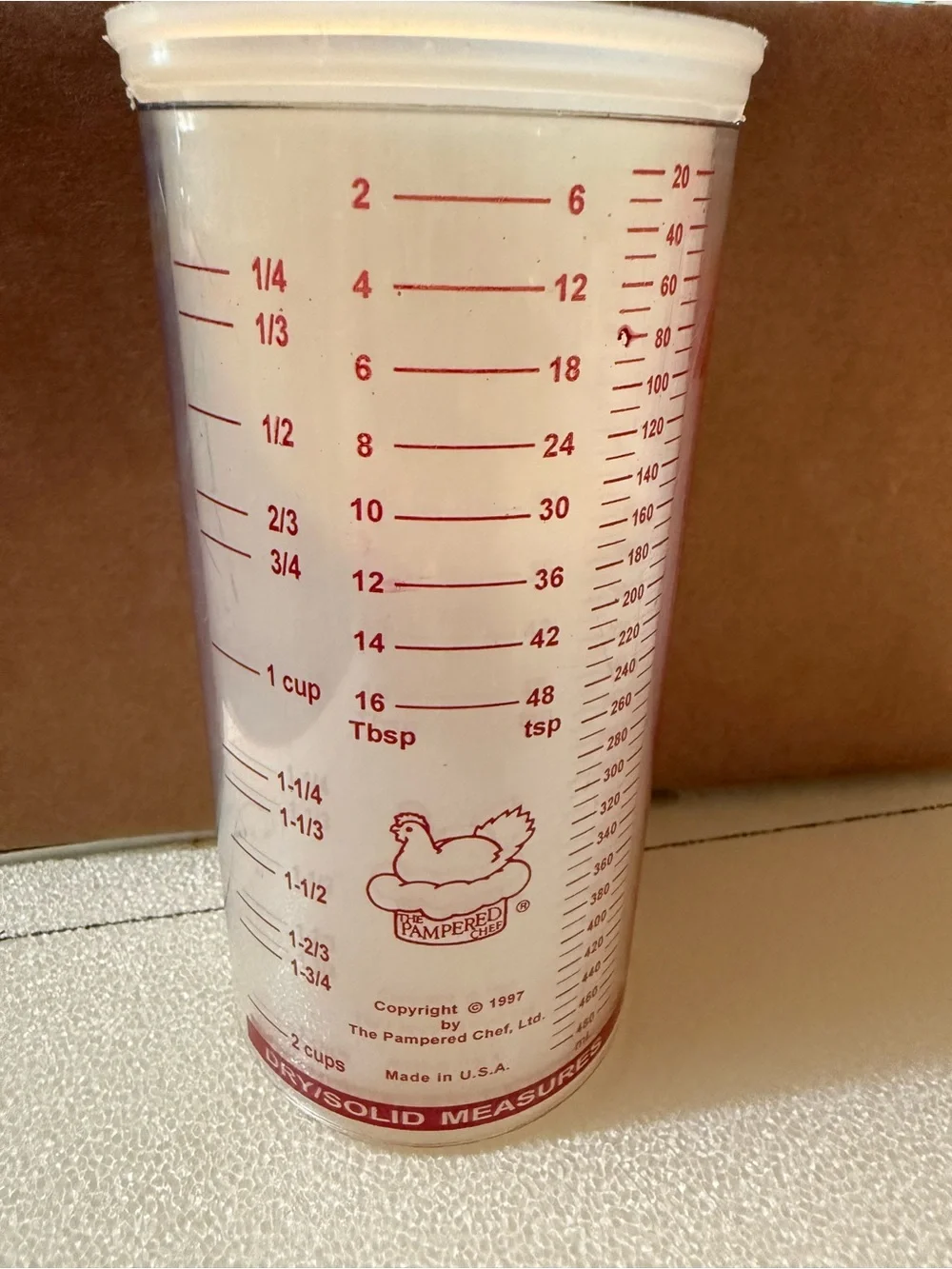 Vintage 1997 The Pampered Chef Clear Measuring Cup with Red Markings and Logo